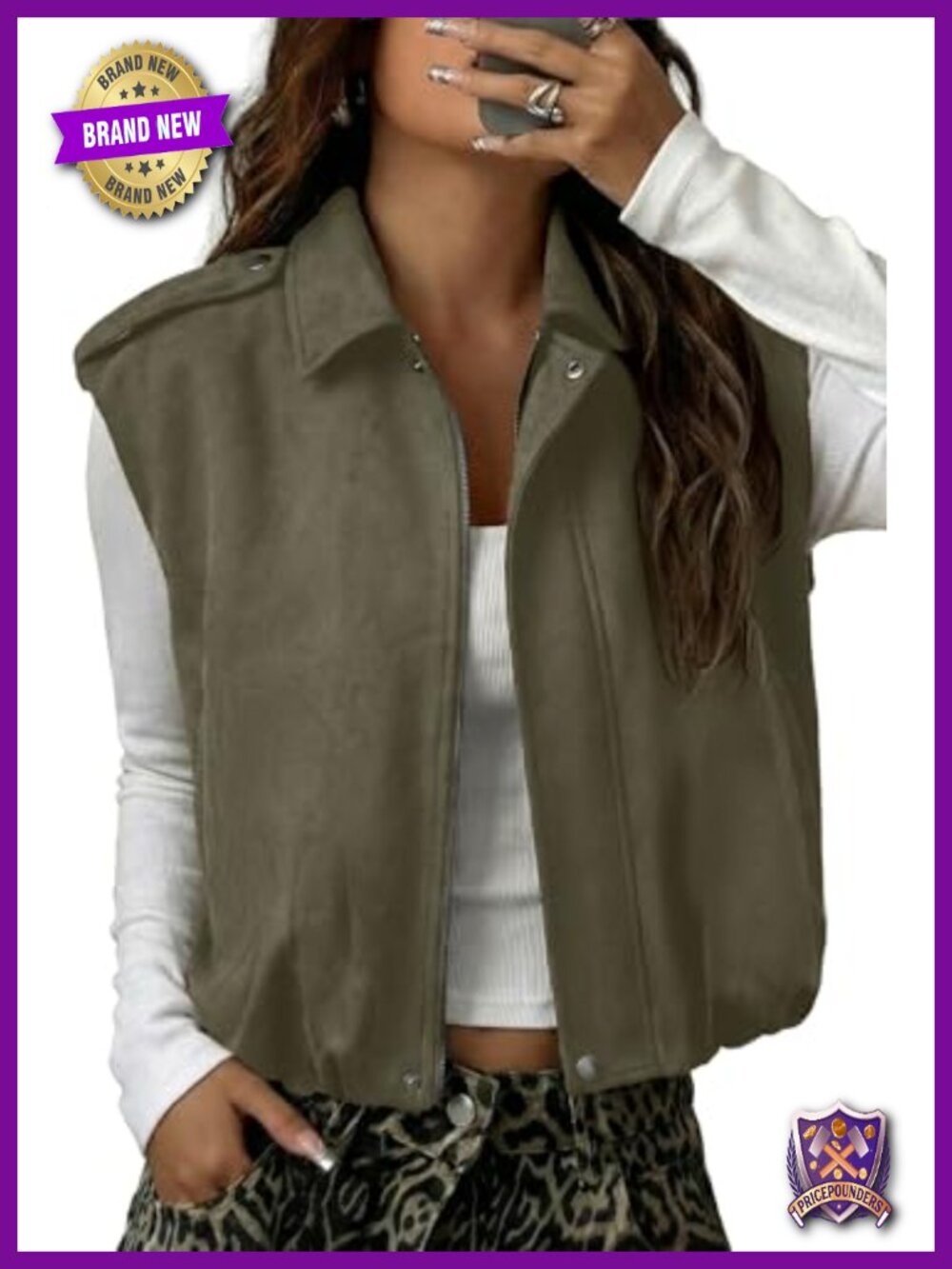 Faux Suede Sleeveless Vest Cropped Jacket with Pockets
